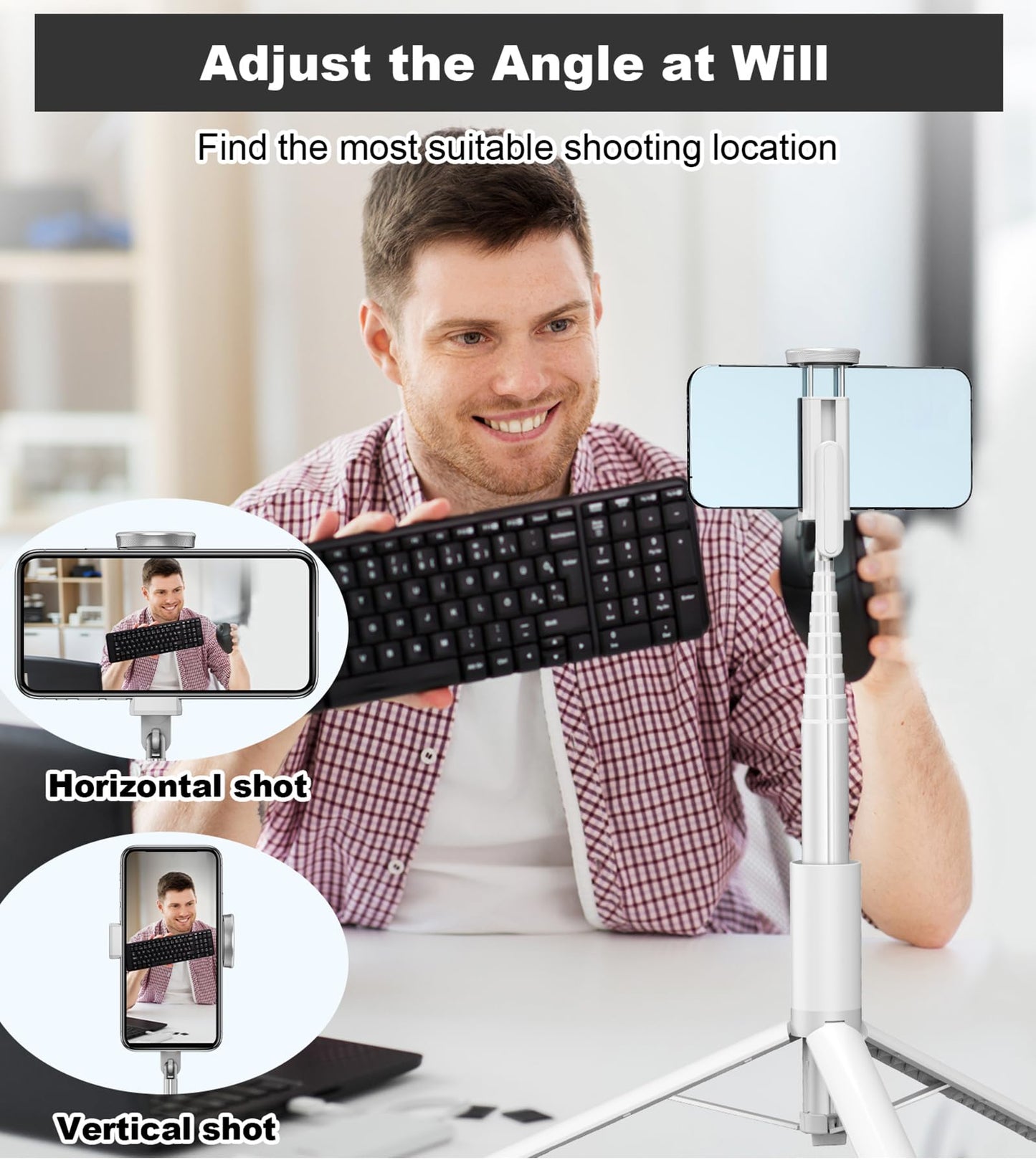 TONEOF 68" Magnetic Selfie Stick Tripod with Aluminum Strong Magnetic Holder for Magsafe, 360° Rotatable Travel Phone Tripod Stand with Metal Ring & Rechargeable Remote for iPhone/Android(Beige Gray)