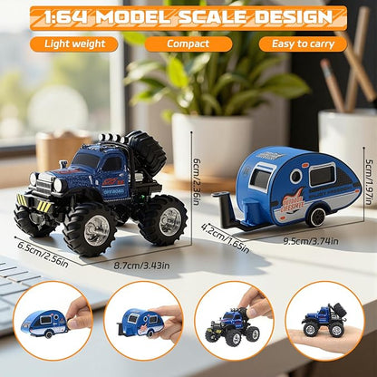 Snugzy Mini RC Car 1:64 Scale RC Truck for Kids with Trailer 2.4Ghz Remote Control Rechargeable RC Cars Toy Gifts for Boys Girls Adult (Blue)