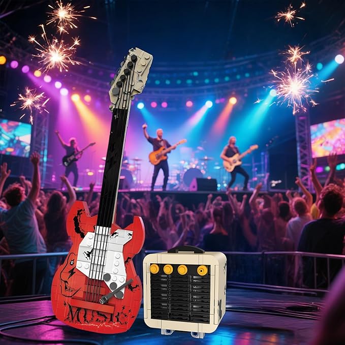 Rock Guitar Interactive Building Block Set Creative Construction Model Toy with Display Stand DIY Collectible for Home Decor for Adults (No Bluetooth Function)
