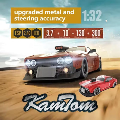 RC Drift Car 1/32 Scale High-Speed 4WD Mini Electric Remote Control Car 30 km/h with Gyro Stabilization and LED Lights Suitable for Adults (KM3299-Red)