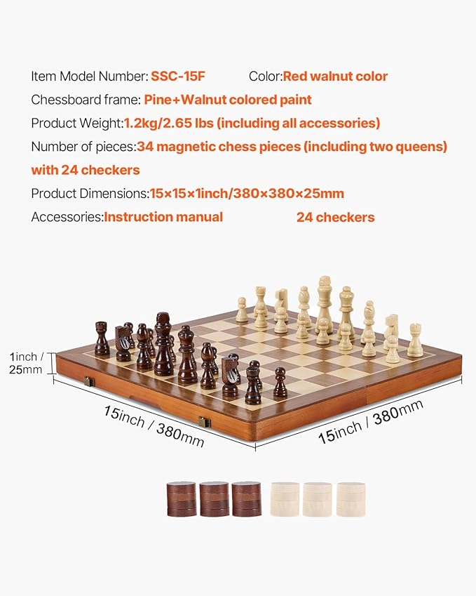 VEVOR 15-inch Magnetic Wooden Chess Set 2-in-1 Folding Chess and Checkers Game for Adults and Kids Portable Travel Chess Set with 2 Queens Ideal for Tournaments Professionals and Beginners