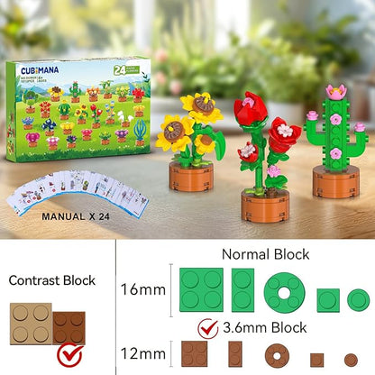 24 Pack Flowers Succulent Party Favors for Kids Building Set - 1012pcs Botanical Bonsai 3.6mm Mini Building Blocks Toy for Easter Basket Fillers Classroom Prize Stocking Stuffer Gift for Girl Boy 6+