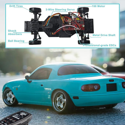 Skymaker 1/18 RC Drift Car with 3 Batteries Mazda MX-5 Miata 2.4GHz LDRC 1804 RWD Drifting Adults with ESP Gyro Pop-up Light (Blue)