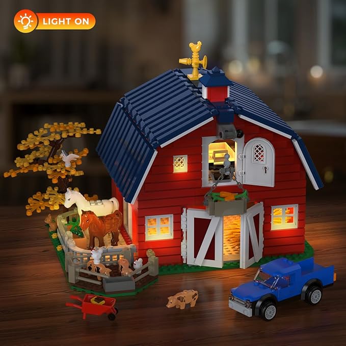 Western Farm Barn House Easter Building Set with Lights Newly Enhanced with Reinforced Structure 1434PCS Red Barn Building Toy with Animals Horse Tractor Windmill for Adults Boys Girls 10+