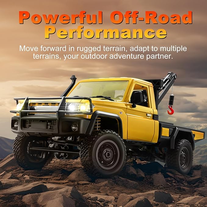 RC Crawler 1:12 Scale New Upgrade MN82-T RC Truck Crane 4WD LC79 Off Road Remote Control Pickup with Lights All Terrain Wrecker Vehicle for Teens Adults (Yellow)