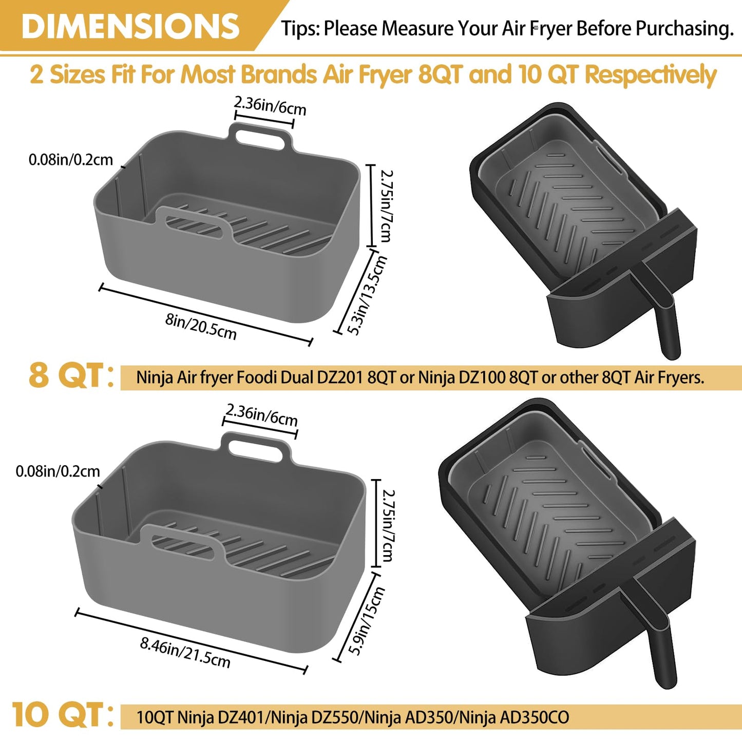 Silicone Air Fryer Liners 10QT, Reusable Airfryer Basket Liners for Ninja DZ550/DZ401, 2Pcs 5QT Large Air Fryer Accessories, Dishwasher safe (8.46 * 5.9 inch （10 QT）, DZ401 - Black)