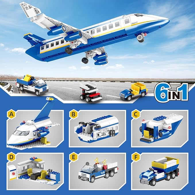 City Passenger Airplane Building Set510 PCS STEM 6 in 1 Airport Passenger Plane Building Block Toy with Baggage Truck Shuttle Bus Christmas Birthday Gifts for Adults Boys Girls Age 6-12+
