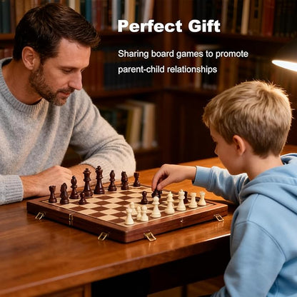 15 Inch Magnetic Wooden Chess Set with Folding Board and Chess Piece Storage Slot Handmade Portable Travel Chess Game Sets for Kids Adults Beginner and Pros Carry Bag 2 Extra Queens