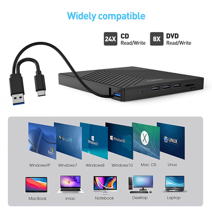 ORIGBELIE External CD DVD Drive, Ultra Slim CD Burner USB 3.0 with 4 USB Ports and 2 TF/SD Card Slots, Optical Disk Drive for Laptop Mac, PC Windows 11/10/8/7 Linux OS