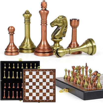 10 Travel Metal Chess Set – Folding Portable Chess Board with Storage Case Weighted Metal Chess Pieces &amp 2 Extra Queens – Mini Chess Game for Kids &amp Adults