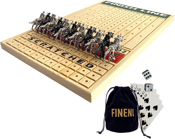 Horse Racing Game for Adults Luxurious Metal Horses (Silver Black) on 16' Pine Wood Board Dice &amp Card Included