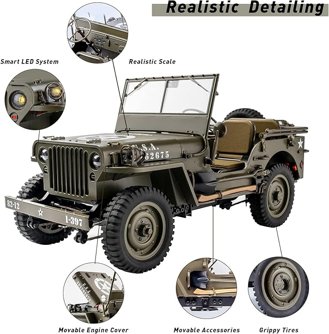 FCXㅤ RocHobby 1/12 1941 MB Scaler RC Jeep 4x4 Hobby Grade RTR RC Car Mini RC Rock Crawler Military RC Truck with 180 Brushed Motor LED Lights for Adults
