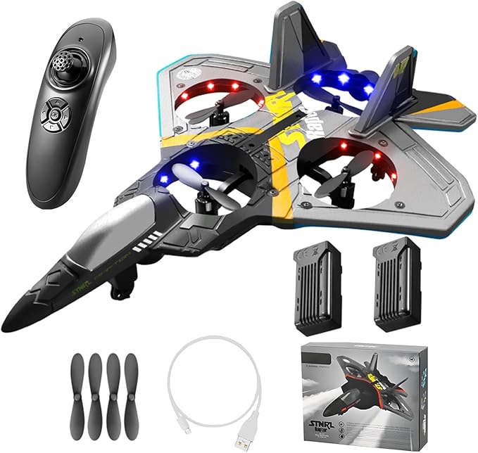 V17 Remote Control Airplane RC Planes RC Fighter Jet Toy for Kids Adults 8-16 Remote Control Planes with LED Light 2 Batteries 360° Stunt Spin Durable Foam Gifts for Boys (Grey + 2 Batteries)