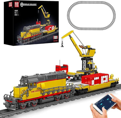 Mould King 12027 Diesel Locomotive Train Building Sets with a Semi-Trailers Cranes Remote/App Control Engineering Toy Kit Scale Model with Trains Tracks for Adults(1170 Pieces)
