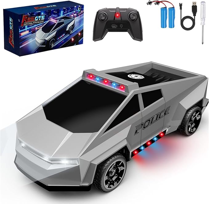 RC Remote Control Car Cybertruck Toy Police Car Toy 2.4GHz LED Lights 2 Rechargeable Batteries Ideal Gift for Boys Girls Ages 3+ Years