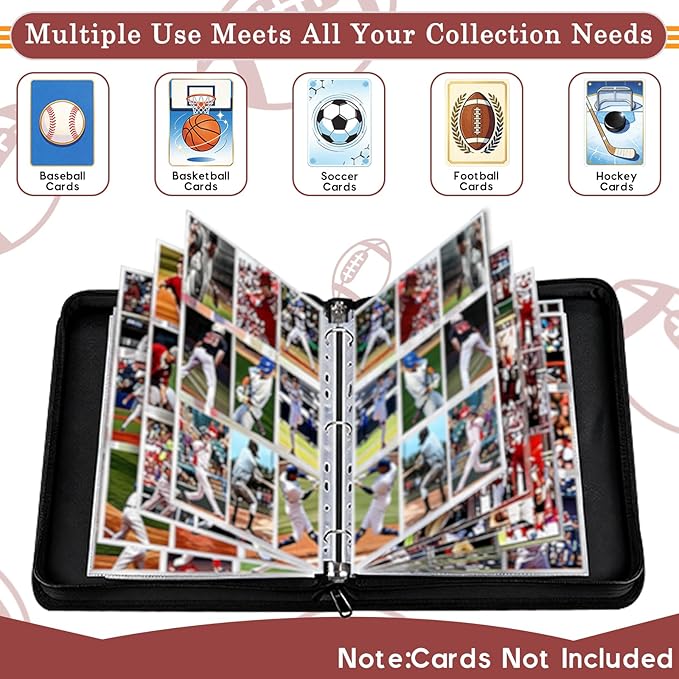 Football Card Binder 900-Card Trading Card Binder with 50 Removable Sleeves 9-Pocket Sports Card Binder 3-Ring Design Football Card Holder for Collectors