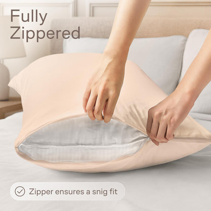 Ultra Soft Pillow Protectors with Zipper Standard Size - Set of 4 Breathable Pillow Covers - 100% Protection Against Stains, Dust & Dirt - Machine Washable (Beige)