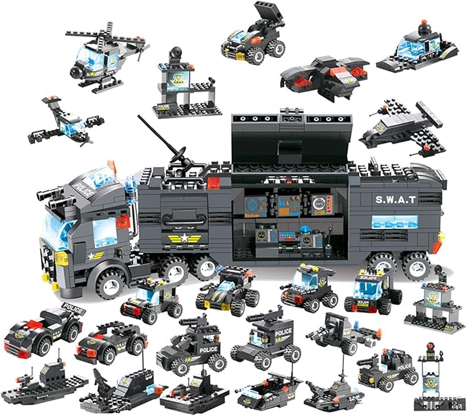 8 in 1 City Police Station Building Kit SWAT Mobile Command Center Truck Building Toy with Police Car Helicopter Patrol Boat Best Learning and Roleplay Swat Toy Gift for Boys and Girls-647 Pieces