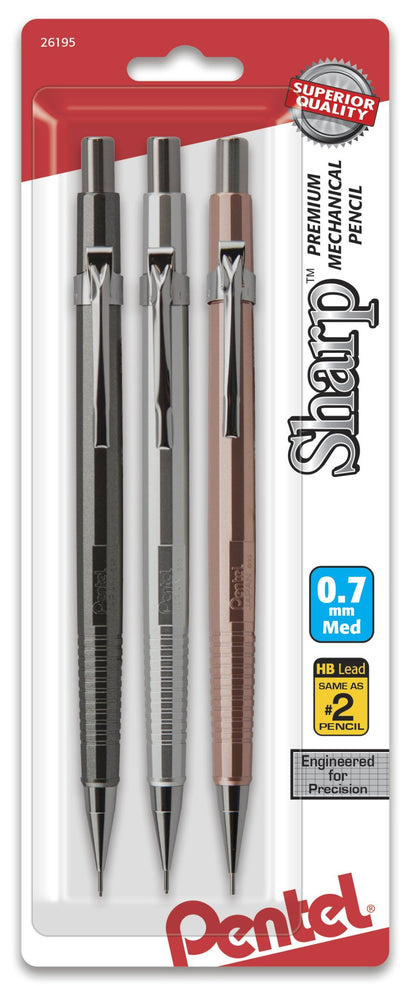 Pentel P207MBP3M Sharp Mechanical Drafting Pencil 0.7 mm Assorted Barrels 3/Pack