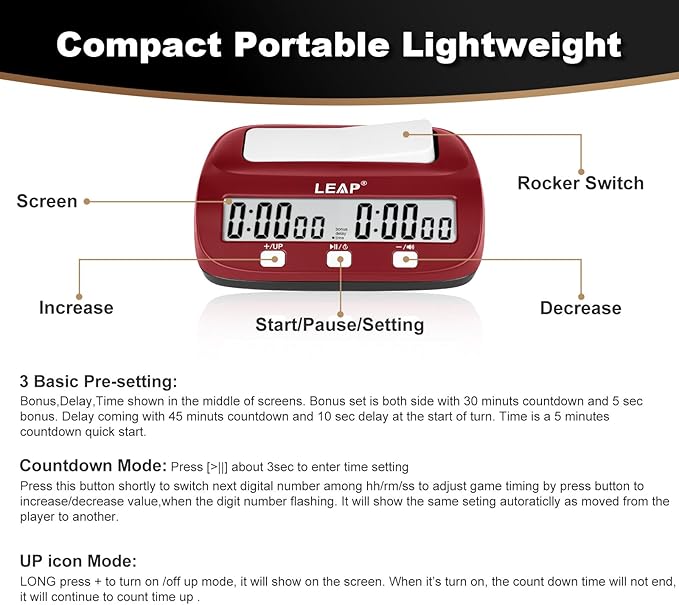 LEAP Chess Clock Digital Chess Timer Professional for Board Games Count Up/Down Timer with AlarmBonus and Delay Features Easy to Setup (Red/Black)