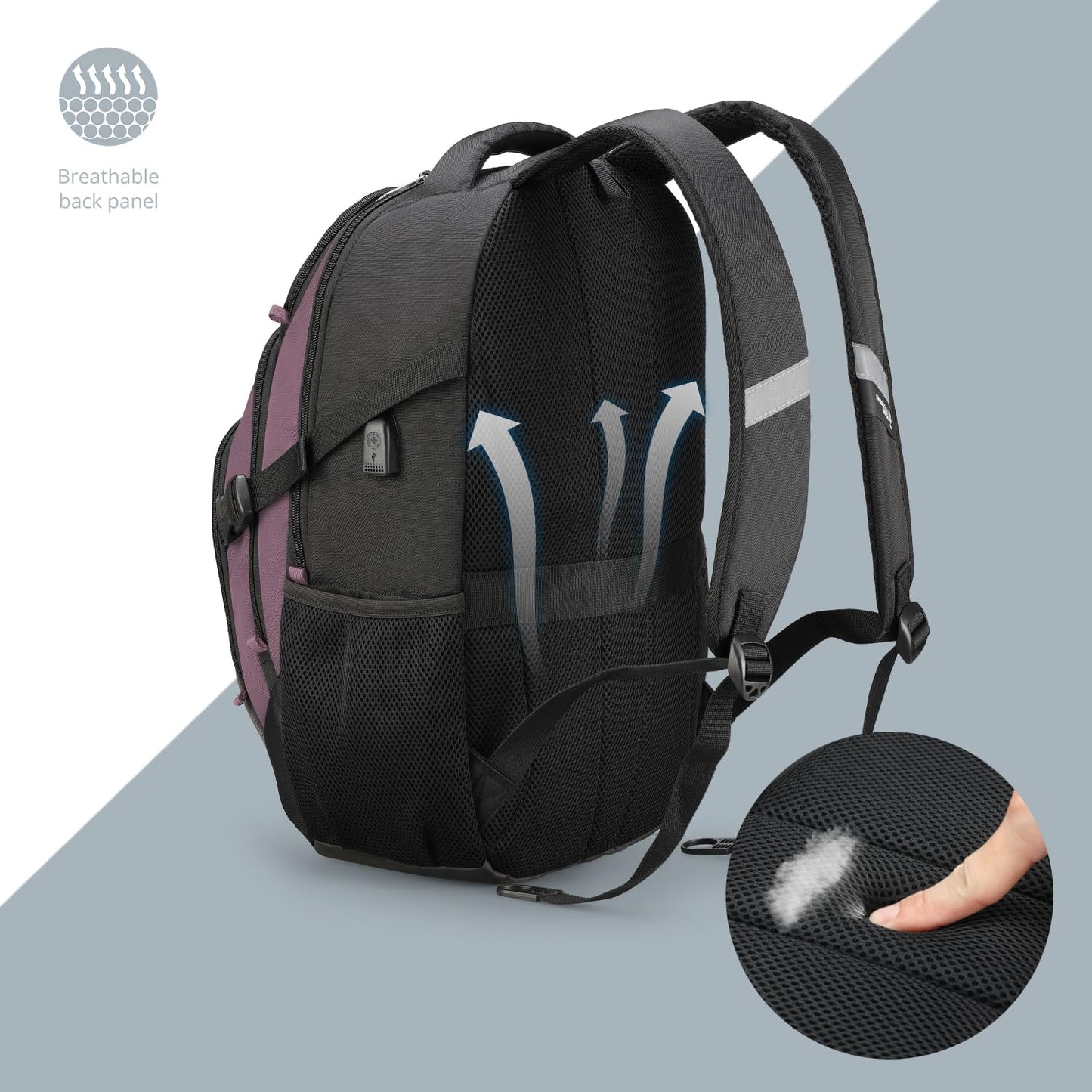 Swissdigital Design Laptop Backpack with USB Charging Port, TSA Travel Backpack Fits 15.6 inches Computer, 31L College School Backpack for Women, Light Purple/Black | SD803