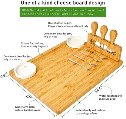ROYAMY Bamboo Cheese Board Set with 3 Stainless Steel Knife, Meat Charcuterie Platter Serving Tray for Wedding Birthdays Christmas Anniversary Housewarming Kitchen Personalized Gift