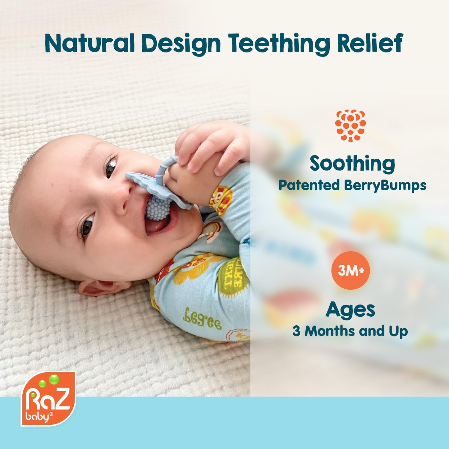 RaZbaby RaZberry Silicone Teether Pacifier – Teething Relief for Infants, Food-Grade, BPA-Free, Hands-Free, Natural Berrybumps Fruit Texture for Sensory Development, Freezable, 2-Pack - Red & Blue