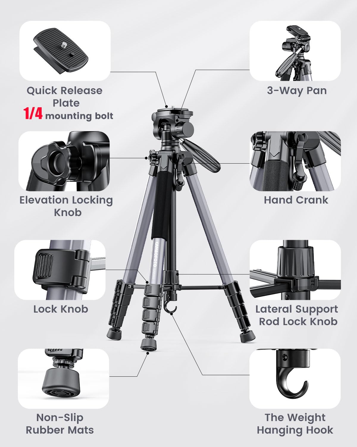 CAMBOFOTO 74"-Camera-Tripod, Professional Aluminum Tripod/Leg Stand Mirrorless Camera/DSLR/Cell Phone/Camcorder/GoPro, with Phone Holder and Travel Bag (Gunmetal Gray) Weight 2.8 lbs Load 8.8 lbs