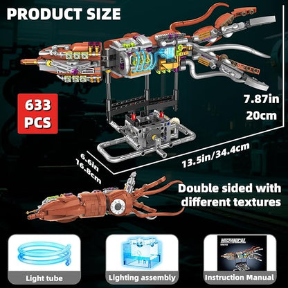 Mechanical Squid Building Set with Lights Rotatable Link Components &amp Display Stand STEM Building Set for Boys and Girls 8-14 Home Office Decor for Adults Mechanical Enthusiasts（633PCS）