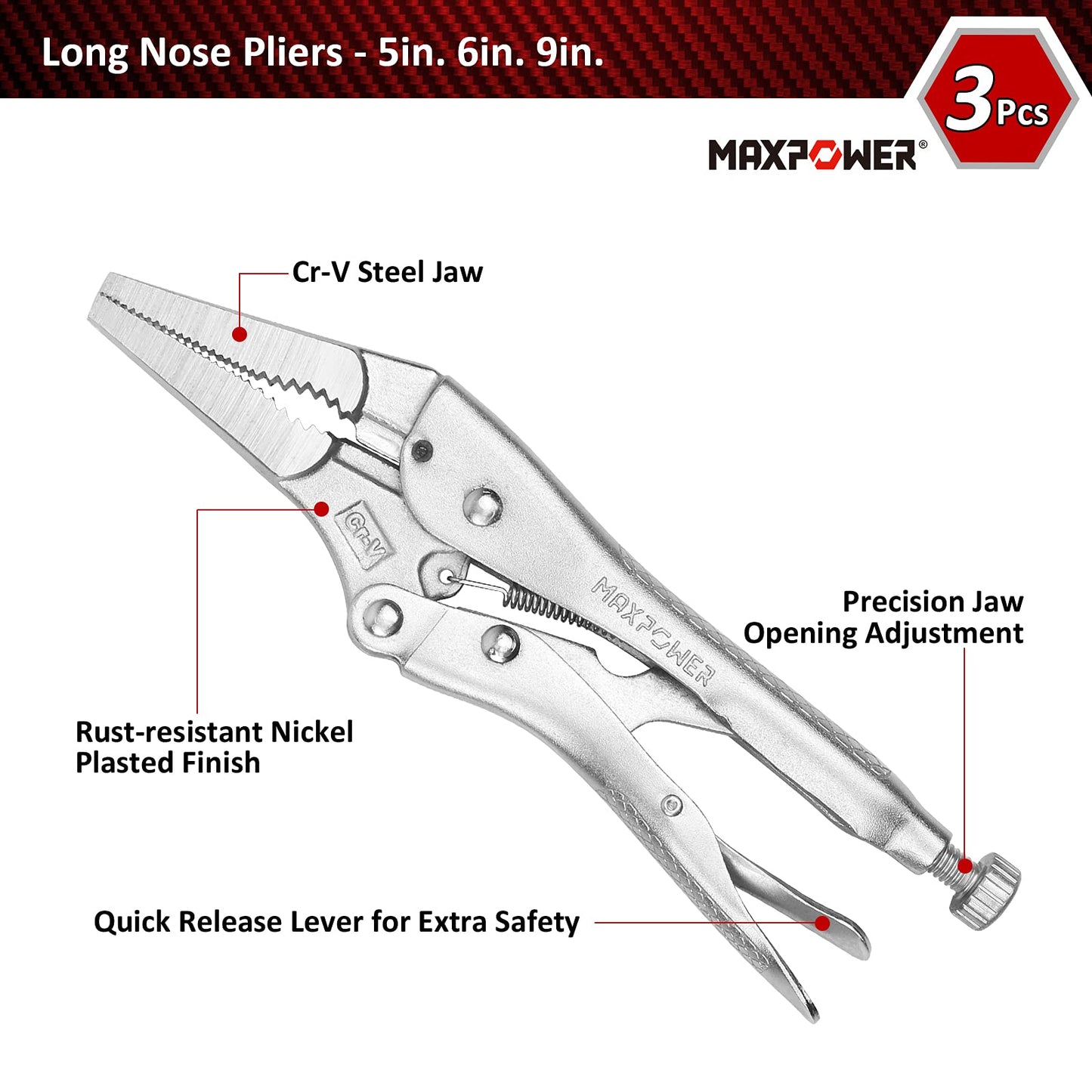 MAXPOWER 15-pc Locking Pliers Set with C-clamps, Long Nose, Pinch Off, Sheet Metal Clamp, U Shaped Pliers and Tool Bag