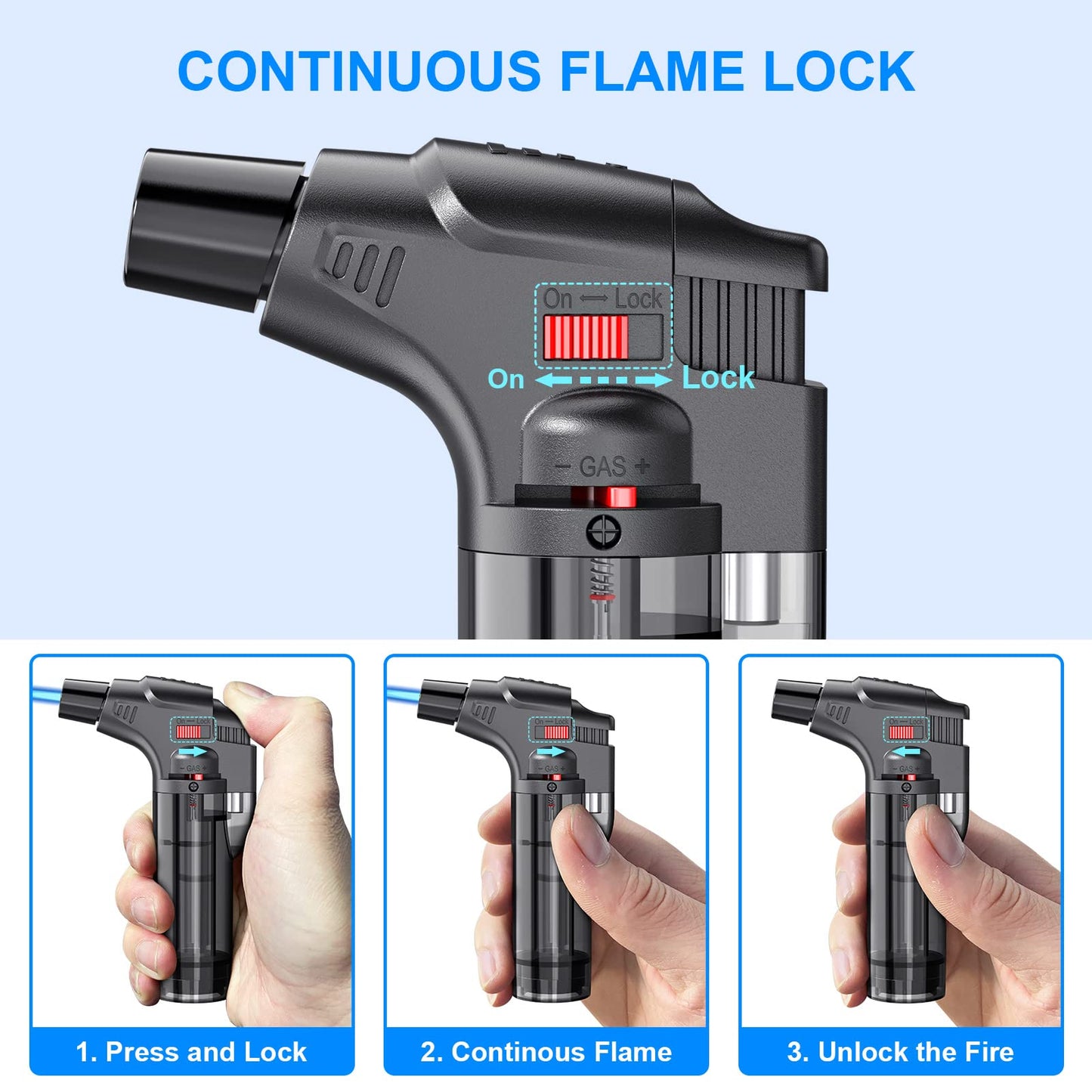 Torch Lighters, 4 Pack, Butane Refillable Jet Flame Torch Lighter, Windproof, Safe, Multi Utility Lighter for Candles, Fireplaces, Campfires, Grill (Without Butane)