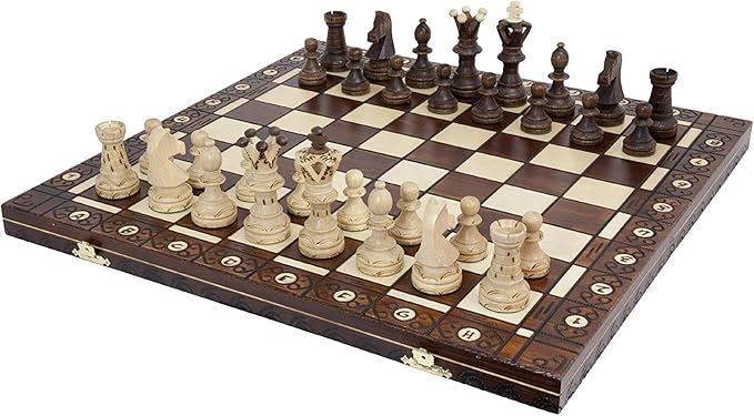 Wegiel Handmade European Ambassador Chess Set - Wooden 21 Inch Beech &amp Birch Board with Felt Base - Carved Hornbeam &amp Sycamore Wood Chess Pieces