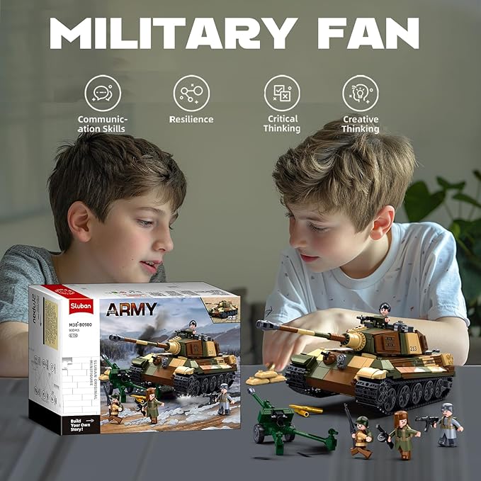 Sluban WW2 Tiger II Army Tank Building Kit Set Military Model Toys with 4 Soldier Figures Gifts for 6-12 Years Kids Old Army Toys Compatible with Lego Tank 930 PCS