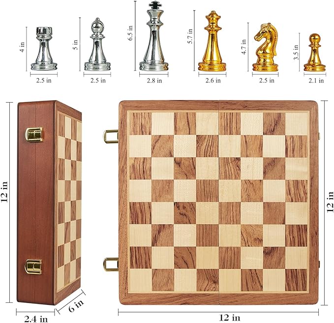 Metal Chess Set for Adults Kids 12'' Folding Wooden Chess Board with Metal Chess Pieces Handcrafted Portable Travel Chess Sets Game for Beginner Professional (Weighted Non-Magnetic)