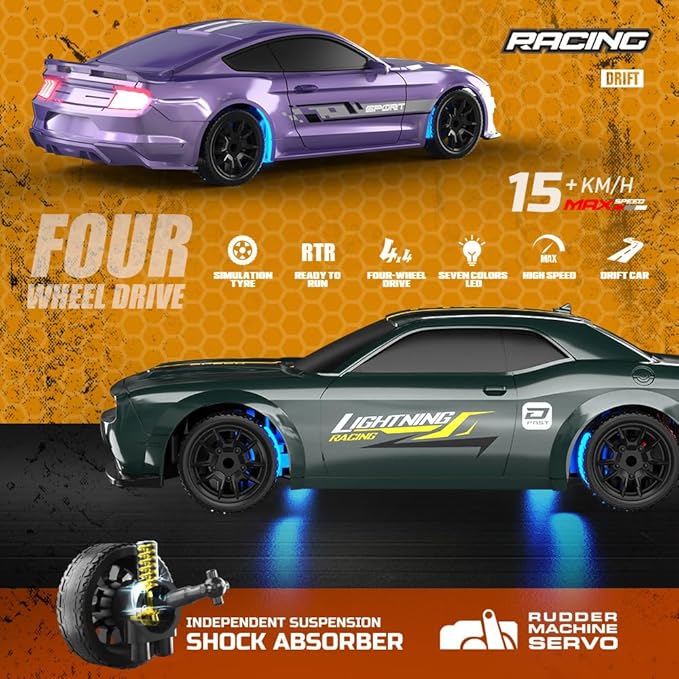 1:43 Scale Mini RC Drift Car 2.4GHz 4WD Desktop RC Drift Car 15KM/h Handheld Racing Mini Vehicle with LED Lights Speed Switching Racing Sport Toy for Adults Teens (Purple)