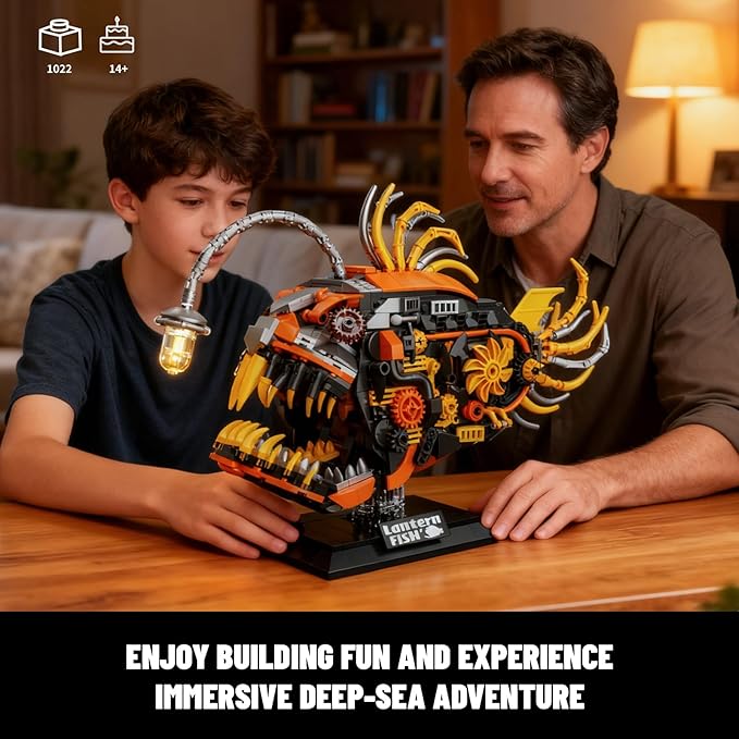 Mechanical Angler Fish Building Set with Light Creative Ocean Lantern Fish Animal Toy for Home Office Decor Compatible with Lego Shark STEM Gift for Adults Teens Boys 8-14+ (1022 PCS)