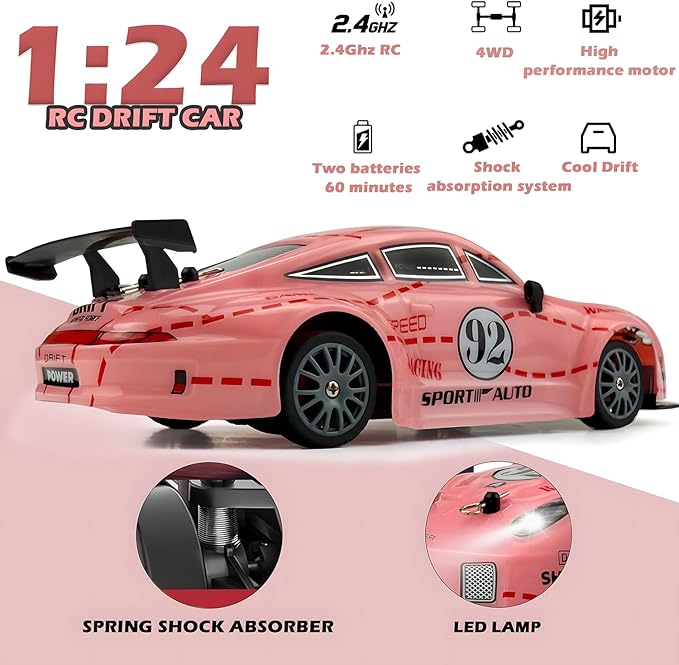 RC Drift Car 2.4GHz 1:24 Scale 4WD High Speed Remote Control Cars Vehicle with LED Lights Two Batteries and Drifting Tires Racing Sport Toy Cars for Adults Boys Girls Kids Pink