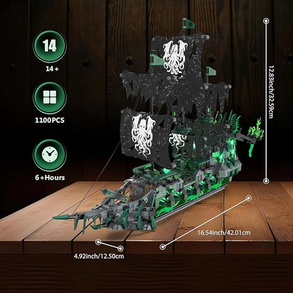 NUTCRACKER Pirate Ship Building Blocks Set with LED Lights Ghost Ship Flying Dutchman Toy Building Sets for Adults DIY Sailboat Model Kit for Easter Halloween Birthday's Gift (1100 Pcs)