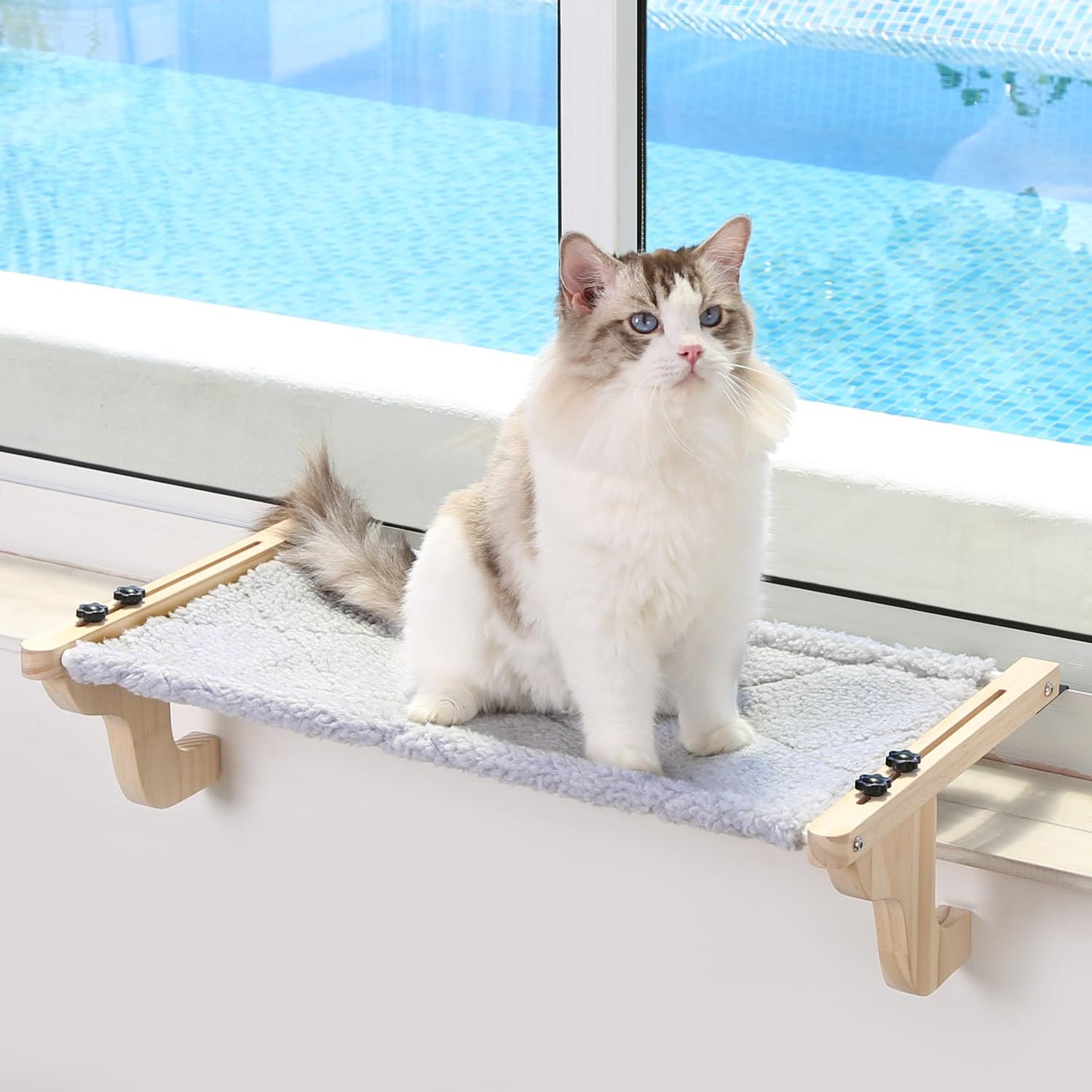 Zakkart Easy Seat Cat Perch for Window Sill - Hammock Design w/Pine Wood & Robust Metal Frame - Cat Window Seat for Large Cats and Kittens (Natural Color Wood w/Gray Bed, Large (26''W x 14''D))