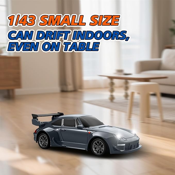 ACAMMZAR Mini RC Drift Car with Gyro 1:43 4WD Full Proportional RC Cars 18KM/H High Speed Remote Control Car with Lights Extra Racing Tires Vehicle for Adults Kids Boys Gray