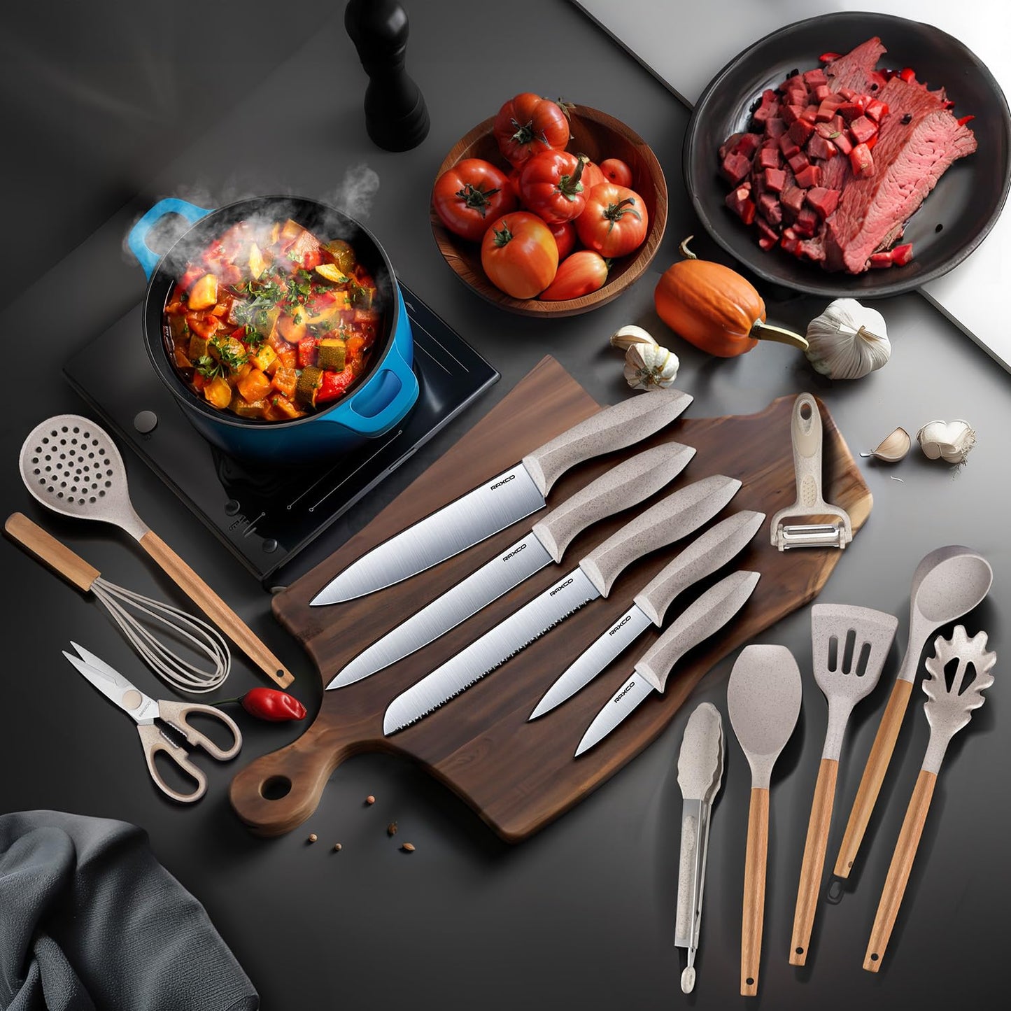 RAXCO Kitchen Utensils Set,18-Piece Cooking Tools and Sharp Knives,Stainless Steel Holder and Cutting Board