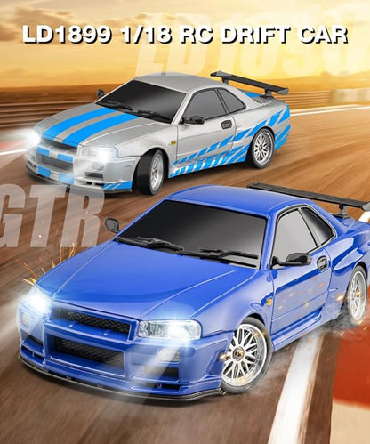 LD1899 1/18 Scale RC Drift Car GTR R34 2.4GHz RWD Mini Model Car with Gyro Alloy Body Shell Racing Cars for Adults Toys (Silver-Blue)
