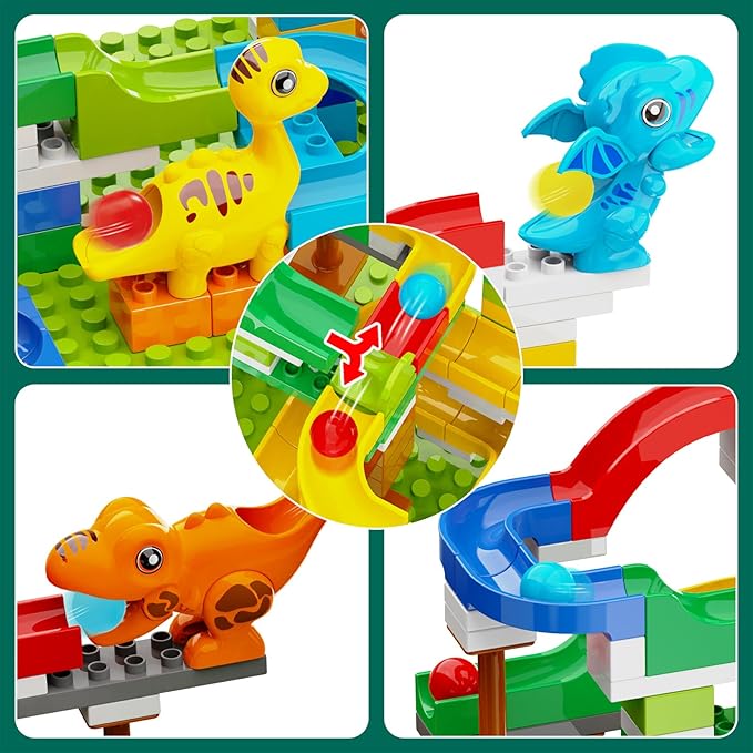 Dinosaur Marble Run Building Blocks STEM Toys for Kids Ages 3-8 | 127 Pcs Construction Set with 3 Dinos &amp Ball Run Track 4 in 1 Modular Design Learning Toys for Boys Girls Christmas Birthday Gif