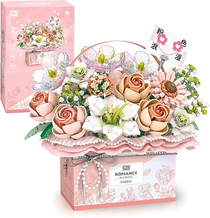 Flower Bouquet Building Blocks Model SetSimulation Artificial Rose Handheld Gift BoxBonsai Plant Building Bricks ToysHome Decor (Fantasy Pink)