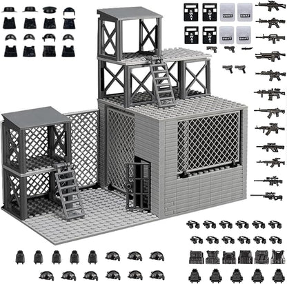 Military Scene Building Set - WW2 Military PrisonMilitary Watchtower Includes Closed Cage Halloween Jail T-Rex Scene 8 Ghost Police Figures