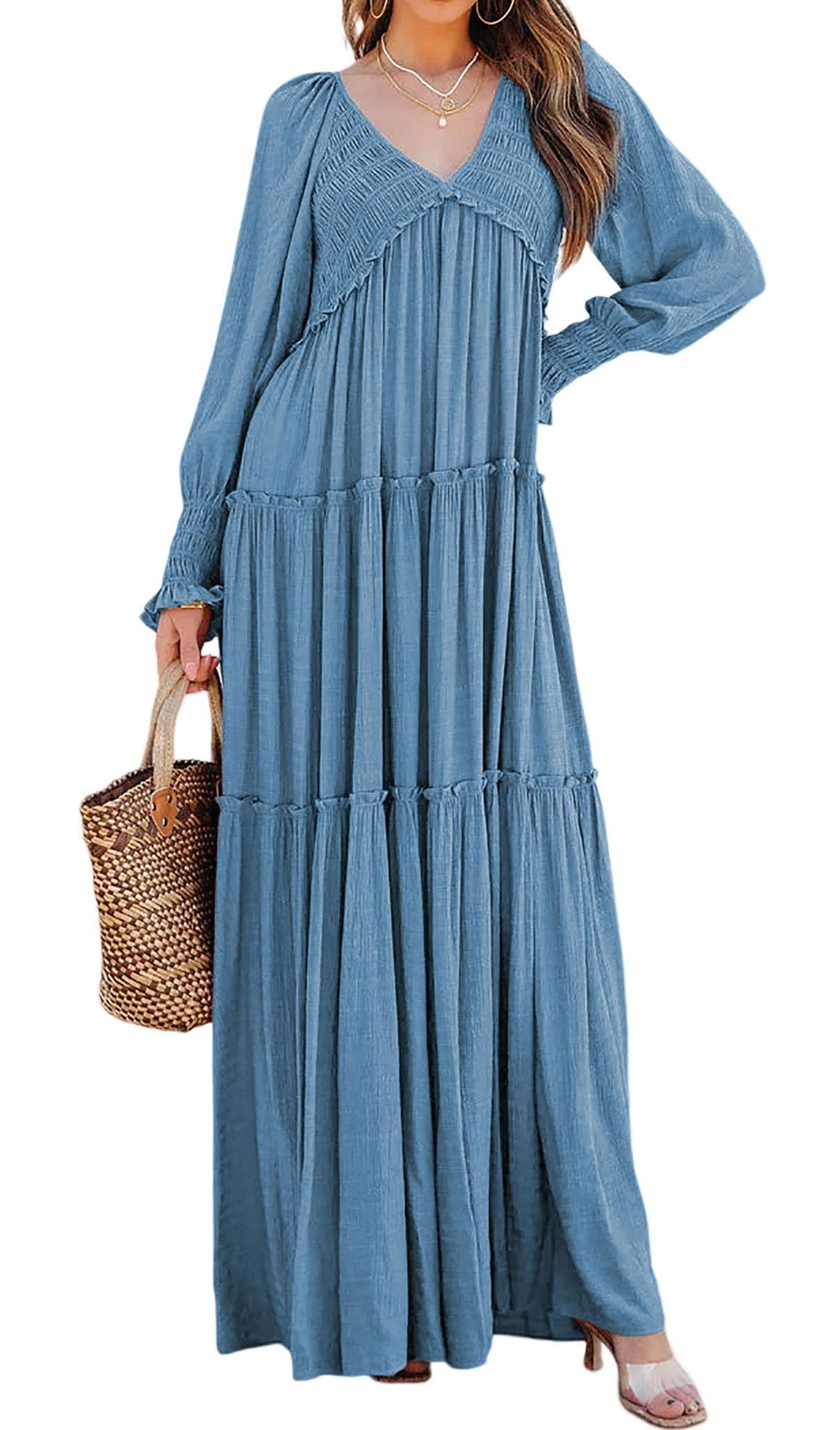 R.Vivimos Maxi Dress for Women Long Sleeve V Neck Empire Waist Layered Ruffle Boho Casual Flowy Long Dresses