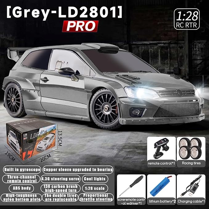 LDRC 2801PRO 1/28 Mini RC Drift Car GTR 2.4GHz 4WD RTR with Gyro and 4PCS Drift Tires Racing Radio Control Cars (Silvery)