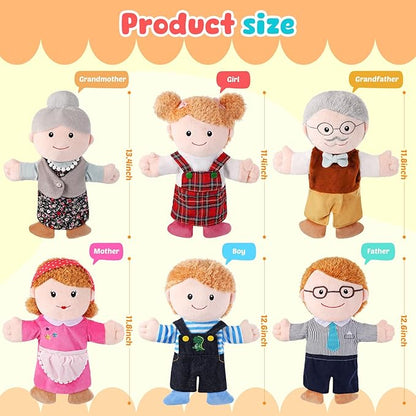 6 Pcs Family Hand Puppets 12 Inch Grandparents Mom &amp Dad Brother &amp Sister Plush Hand Puppet Toys Role-Play Toy Puppets for Kids Storytelling Imaginative Pretend Play Teaching Preschool(6 Fam