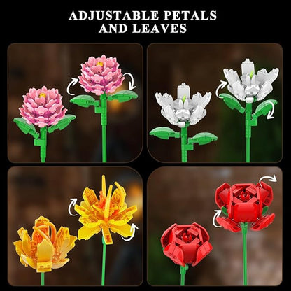 Flower Bouquet Building Set Valentines Day Botanical Collection Building Block Toy 1464 PCS 18 Flowers Rose Sunflower Home Plant Decor Birthday Gifts for Adults Women Boys Girls 8-12+