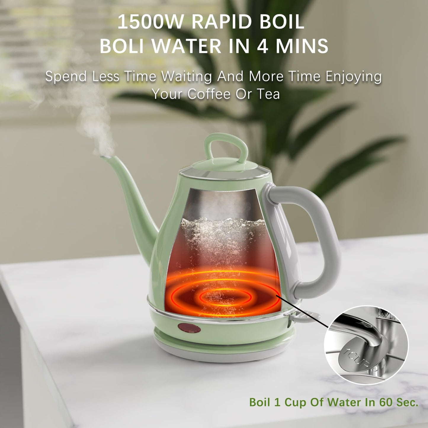 Anfilank Electric Gooseneck Kettle, 1L 1500WFast Boil, 100% Stainless Steel BPA Free Pour-Over Coffee & Tea Kettle,Water Boiler with Auto Shut & Boil-Dry Protectio,Green